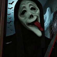 Máscara de Látex de Cabeça Completa com Rosto de Fantasma Aterrorizante com Língua para Fora, Acessório de Cabeça com Lenço Preto de Fantasma, Adereços de Cosplay de Halloween, Acessório de Cabeça para Fantasia de Casa Assombrada e Festa à Fantasia - Visão 3