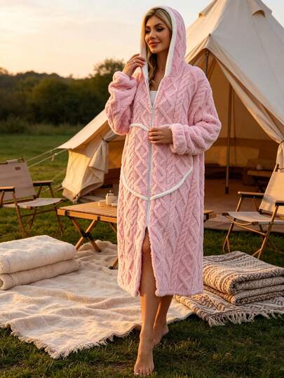 Women Hooded Zip Up Fleece Bathrobe, Soft Warm Plush Housecoat Loungewear, Multi-Purpose Wearable Blanket For Bedroom Rest & Camping Outdoor Leisure