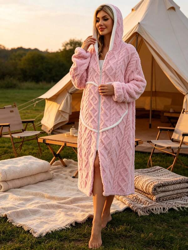 Women Hooded Zip Up Fleece Bathrobe, Soft Warm Plush Housecoat Loungewear, Multi-Purpose Wearable Blanket For Bedroom Rest & Camping Outdoor Leisure