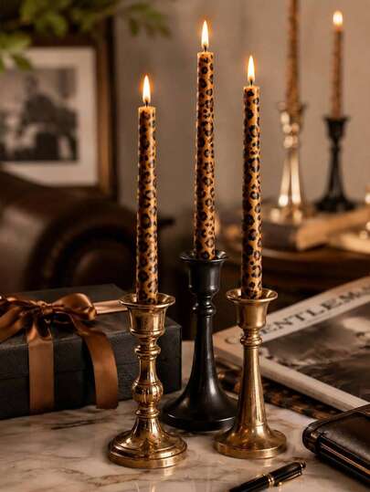 2pcs/Set 10 Inch/25.4cm Leopard Print Taper Candles, French Vintage Animal Print Long Stem Candles, Suitable For Wedding Decor, Home Decor, Party Decor, Tabletop Decor, Romantic Dinner, Banquet Table Decor, Photo Props, Holiday Gifts, Gifts For Her