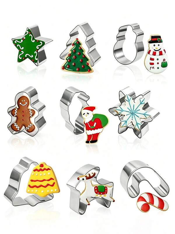 12pcs Stainless Steel Christmas Cartoon Biscuit Mold, Press Baking Cake Tool, Mousse Circle Biscuit Mold, Biscuit Mold, Snowman, Christmas Tree, Gingerbread Man, Snowflake, Deer, Santa Claus Biscuit Mold, Baking Tool, Kitchen Small Tool