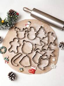 12 piezas Moldes de galletas de acero inoxidable con diseños de dibujos animados navideños, herramienta de repostería para presionar, molde circular para mousse, molde de galletas, muñeco de nieve, árbol de Navidad, hombre de jengibre, copo de nieve, ciervo, molde de galletas de Papá Noel, herramienta de repostería, pequeña herramienta de cocina - Multicolor - Ver 5