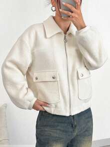 Women's Comfortable Loose Beige Jacket, Open Collar, Zipper Design, Decorative Pockets, Suitable For Autumn/Winter Wear - Apricot - View 6