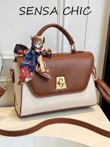 印花絲巾裝飾對比色手提包 金屬鎖扣開合 高級小眾設計 適合上班、購物、旅行與日常出遊 - 白色 - 查看 9