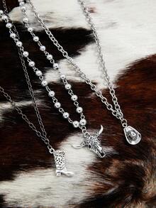3pcs Western Cowboy Style Women's Chain Layered Necklace, Vintage Silver Bull Head, Cowboy Boots, Cowboy Hat Pendant Design, Versatile For Daily Wear, Express Your Personalized - Multicolor - View 4