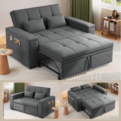 Bealife Divano Letto 2 Posti Pieghevole, Schienale Regolabile a 5 Livelli, Braccioli Ampi con Tasche Portaoggetti, Tessuto in Lino Traspirante, Struttura in Metallo con Ruote, Stile Moderno Minimale, per Soggiorno e Camera degli Ospiti, Grigio Chiaro e Grigio Scuro