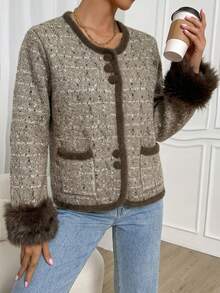 Cardigan Rajut Tweed Cokelat Elegan untuk Wanita, Jaket Sweater Lengan Panjang Terbuka Depan dengan Trim Bertekstur dan Saku untuk Lapisan Pakaian Musim Gugur dan Musim Dingin - MultiWarna - View 6