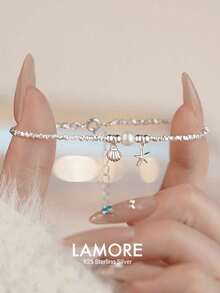 1pc 925 Sterling Silver Minimalist Mini Silver Block Pearl Shell Starfish Bracelet, Suitable For Women's Daily Wear, Also As Valentine's Day Gift, Christmas Gift. - Silver Pearl Bracelet - View 1