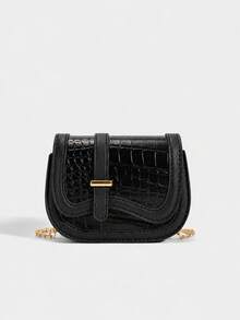 1pc Women's Minimalist Crocodile Embossed Chain Saddle Bag, Commuter Textured Versatile Crossbody Bag - M2255 - View 9