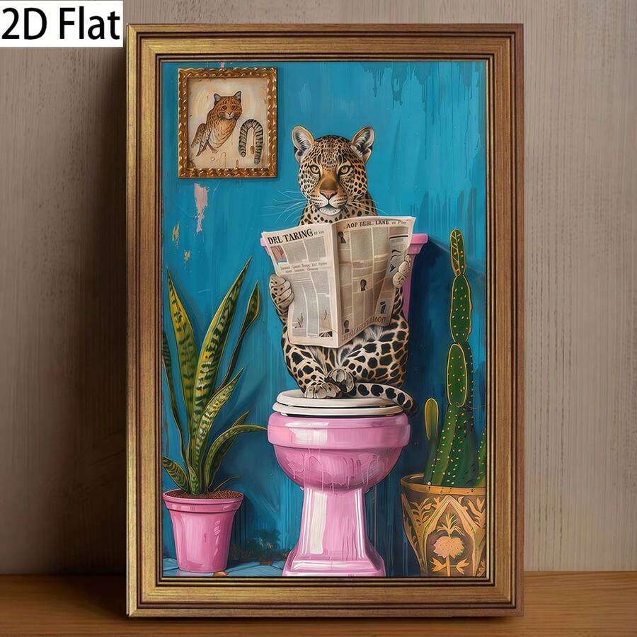 A Vibrant Leopard Print Reading Newspaper Canvas-Printed Wall Art Decoration With A Retro Golden Frame, Suitable For Living Rooms, Bedrooms, Offices, Dining Rooms, Home Decorations, Room Decorations, And Wall Decorations. - With Frame - View 1