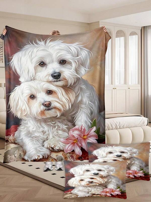 Maltese Dogs Flowers Flannel Blankets Pillow Case Set Pet Pair Blossoms Sofa Throw Nap Bed Cover Bedroom Guestroom Home Decor Lounge For Dog Fans Family Couples Adults Christmas Halloween Thanksgiving Memorial Day Anniversary Party Holiday Gifts