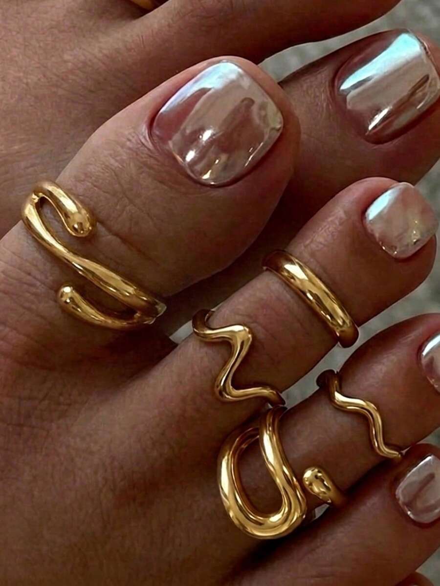 5pcs Beach Vacation Style Asymmetrical Water Drop Curved Toe Ring Set, Suitable For Daily Beach Vacation Wear, Small Gift For Friends - Gold - View 1