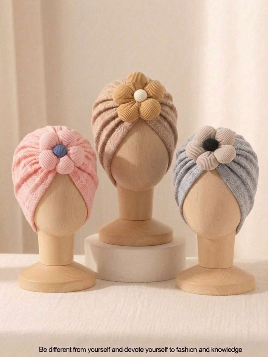 3PCS Newborn Autumn Candy Color Floral Cute Baby Hair Accessories, Soft Skin-Friendly Baby Headband Hat Set, Suitable For Daily Wear All Seasons - Pink Light Coffee Grey - View 1