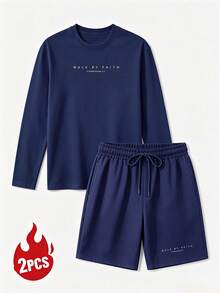 Men's Summer Crew Neck Casual Long Sleeve T-Shirt And Casual Shorts Loungewear Set - Navy Blue - View 6