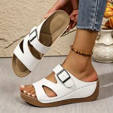 Women's Fashionable Solid Color Wedge Sandals – Comfortable Arch Support, Breathable Outdoor Sandals; Versatile And Stylish Design, Soft Sole. - Upgrade White - View 2