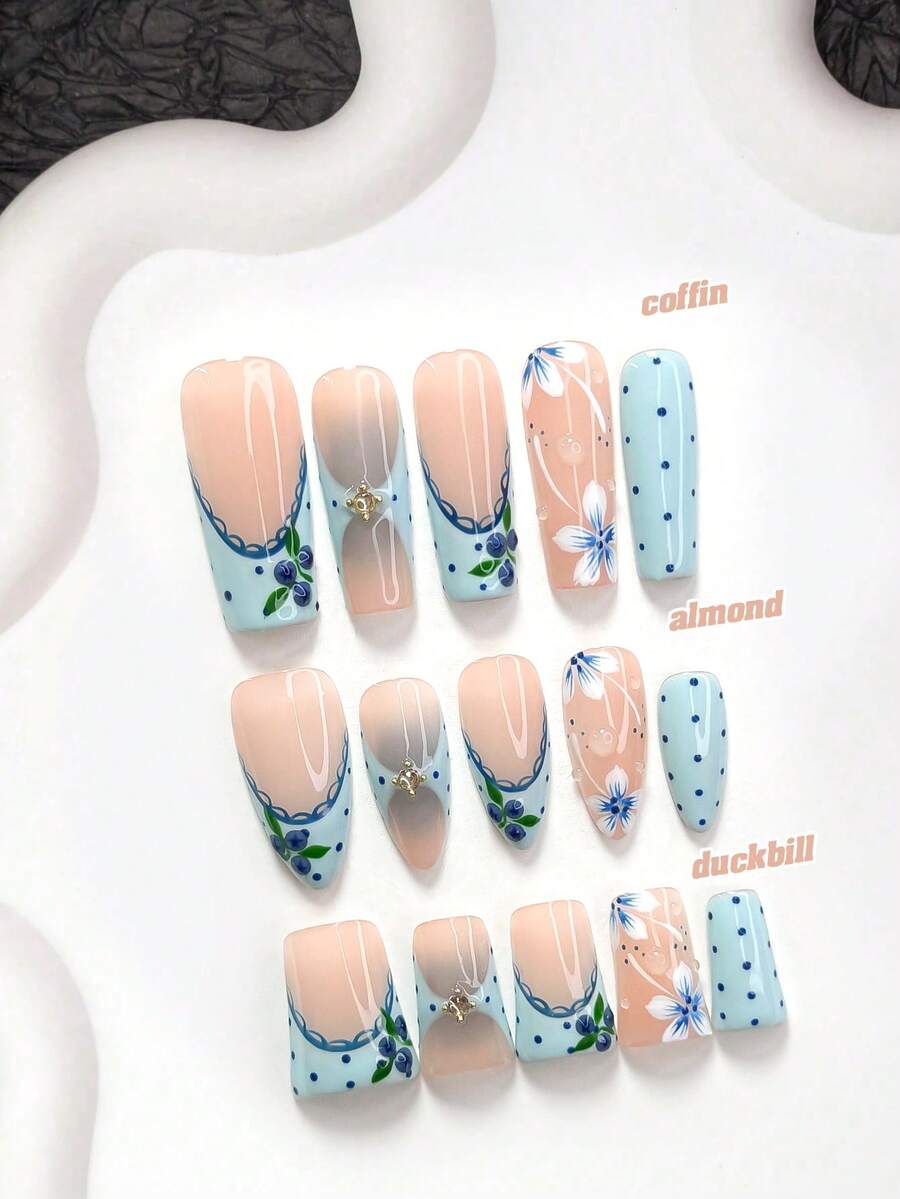 10片法式鄉村風手工穿戴甲,波點藍莓圖案,綠色與藍色配色,甜美女孩風,附美甲工具,3種尺寸可選,杏仁/鴨嘴/棺材形,適合派對、跳舞、日常佩戴 - 彩色 - 查看 1