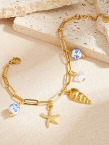 1pc Fashion Ocean Beach Style Gold-Plated Starfish Shell Pendant Stainless Steel Cross Chain Bracelet - Multicolor - View 4