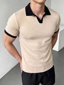 ZYNTH BALENO Men's Summer Fashion Patchwork Slim Fit Regular Shoulder Airplane Collar Short Sleeve T-Shirt, Essential For Summer Sports - Apricot - View 5