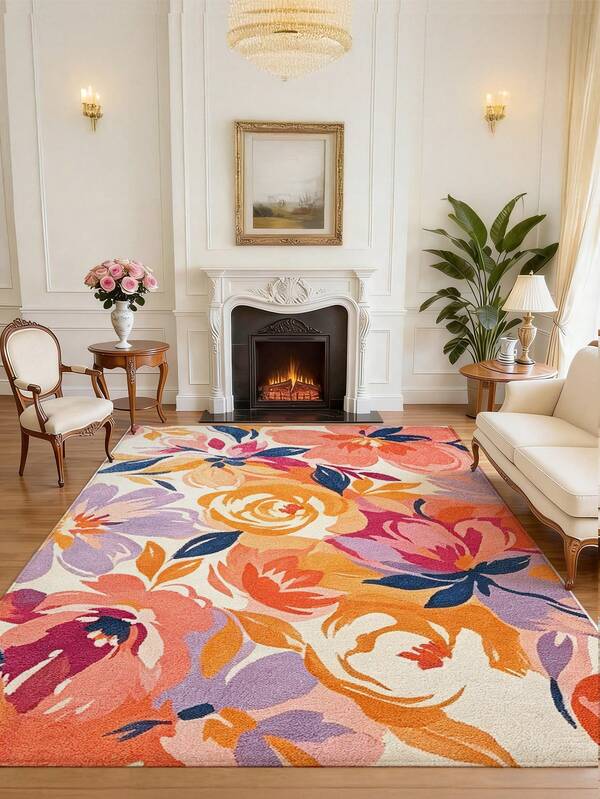 Multi-Color Floral Style Living Room Carpet, Large Size Soft, Suitable For Kitchen, Dining Room, Bedroom, Living Room, Indoor/Outdoor, Office, Lobby, Anti-Slip Doormat, Hallway, Study, Holiday Decor Carpet