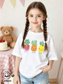 Camiseta de manga corta de algodón para niñas, con un estampado de tres piñas sonrientes, en un estilo lindo y dulce, para verano/otoño - Blanco - Ver 3