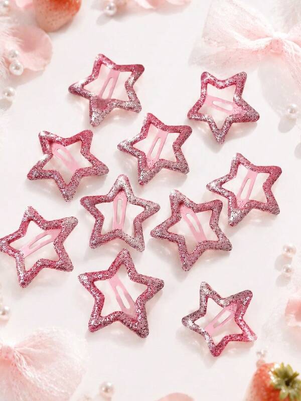 2/5/10pcs Women Pink Glitter Star Fashion Basic Hair Clips, Hair Accessories For Party, Music Festival, Vacation