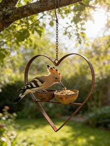 1pc Metal Rusted Heart-Shaped Double Bowl Bird Feeder, Suitable For Outdoor Yard And Tree Decoration - Love - View 2