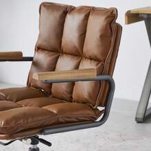 Home Office Desk Chair, Ergonomic Leather Computer Chair With Wheels And Oak Armrests, Height-Adjustable Swivel Executive Chair WL - 棕色+PU皮革 - 查看 6