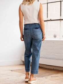 Women's Casual Elastic Waist Jeans, Office Wear, Elegant, Cute, Loose, Stretchy Denim Pants For Daily, Office, School, Party, Travel, All Seasons Fall - Blue - View 3