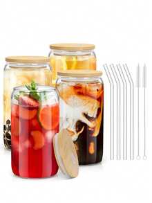 4pcs, Glass Cups, 16.5oz/488ml Glass Cups With Lids And Straws, Mason Jar Drinking Glasses, Ice Coffee Cup, Glass Cups With Bamboo Lids, Cute Cups, Beer, Reusable Straws And Straw Cleaner For Restaurant/ Hotel/ Commercial - Transparent - View 1