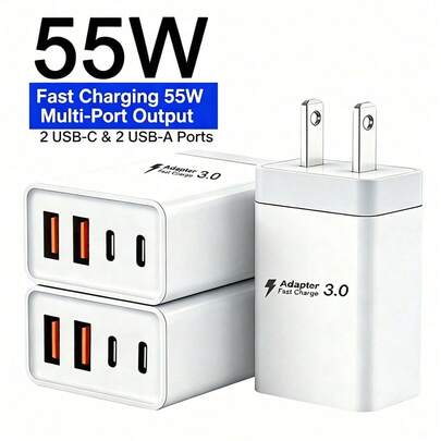1/2/3pcs 55W 4-Port Power Adapter With 2 USB-A And 2 USB-C Ports, Compatible With IPhone 17/16/15/14/13/12 And Galaxy S26/S25/S24/S23 Series Phones, Suitable For Home, Office And Travel Daily Power Supply
