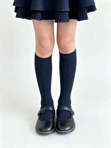 6/1 Pair Cable Knit High Tube Socks, Unisex Kids Seamless Uniform Dress Socks, Suitable For Autumn/Winter Daily Wear, Back To School, White, Navy Blue - Multicolor - View 1
