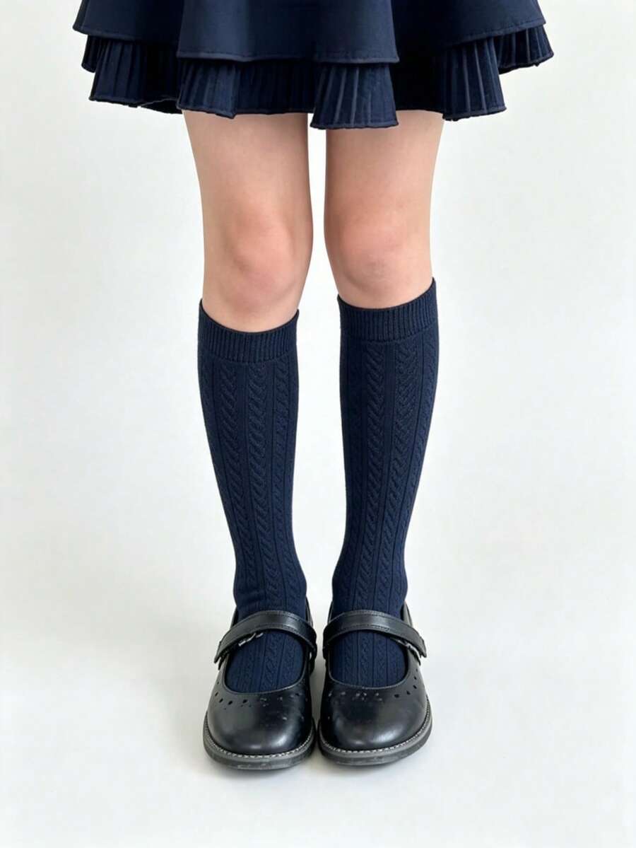 6/1 Pair Cable Knit High Tube Socks, Unisex Kids Seamless Uniform Dress Socks, Suitable For Autumn/Winter Daily Wear, Back To School, White, Navy Blue - Multicolor - View 1