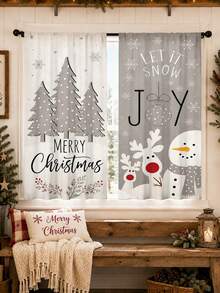 2pcs Gray Tone Minimalist Reindeer Snowman Christmas Tree Christmas Print Curtains, Rod Pocket Polyester Fabric, Simple Line Pine Tree Red Berry Snowflake Holiday Text Full Print, Nordic Cold Style Quiet Winter Christmas, Machine Washable, Kitchen Living Room Bedroom Decor Window Treatment - Multicolor - View 9