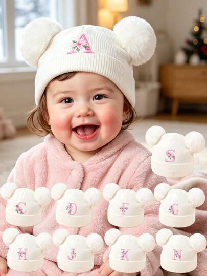 Gorro de punto con alfabeto floral A-Z para niños, gorro de bebé con doble pompón esponjoso y acanalado, suave y elástico, lindo accesorio para la cabeza de niñas para uso diario en interiores y exteriores