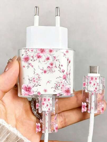 1 Set Pink Cherry Blossom/Tassel Flower/Bow Transparent Charger Protective Case (Compatible With 20W), Compatible With 13/14/15 European Adapter Protective Set 20W Charger With Cable Protective Case Transparent Protective Shell And Cable Protector Cherry Blossom/Tassel Flower Charger Protective Case, Transparent EU Plug Protector, Cable Protector, Charger Accessories