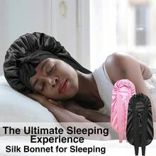柔軟光滑可調節睡眠帽，防止睡眠時頭髮亂，適合編髮、捲髮、鎖髮與自然髮質女性的夜間護髮帽 - 黑色 - 查看 9
