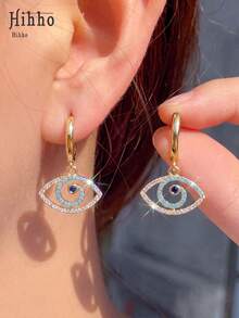 Hihho 1 Pair Royal Blue Zirconia Evil Eye Copper Pendant Earrings, Wisdom Eye, Daily Wear, Elegant, Unique Personalized, Women's Earrings, Suitable For Festivals, Parties, Outings, Vacations, Campus Decoration, Small Gift For Friends - Eyes and Earrings - View 4