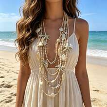 1pc Bohemian Ocean Holiday Style Acrylic Faux Starfish & Shell Multi-Layer Beaded Long Necklace, Suitable For Women Beach Vacation, Photography, Outfit - X-1672 Long Starfish Necklace - View 14