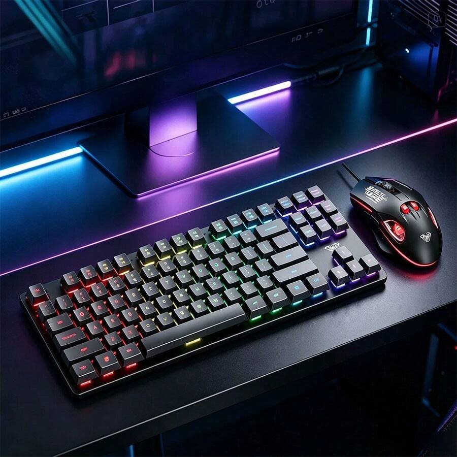 AULA 104-Key Wired Gaming Keyboard RGB Backlit USB External Keyboard Mouse Computer PC Laptop Original Black/White Mechanical Feel Keyboard