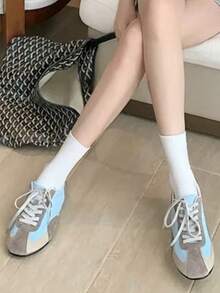 女款復古拼色繫帶平底休閒運動球鞋，百搭風格 - 藍色 - 查看 11