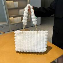 1件大容量毛絨托特包，附拉鍊與鍊條，時尚蓬鬆秋冬新款，適合女性日常使用 - 米色 - 查看 5