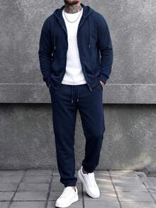 Navy Blue Full Zip Hooded Jogger Pants 2 Pieces Set Men's Solid Color Casual Sports Outfit - Navy Blue - View 1