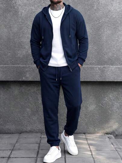 Navy Blue Full Zip Hooded Jogger Pants 2 Pieces Set Men's Solid Color Casual Sports Outfit