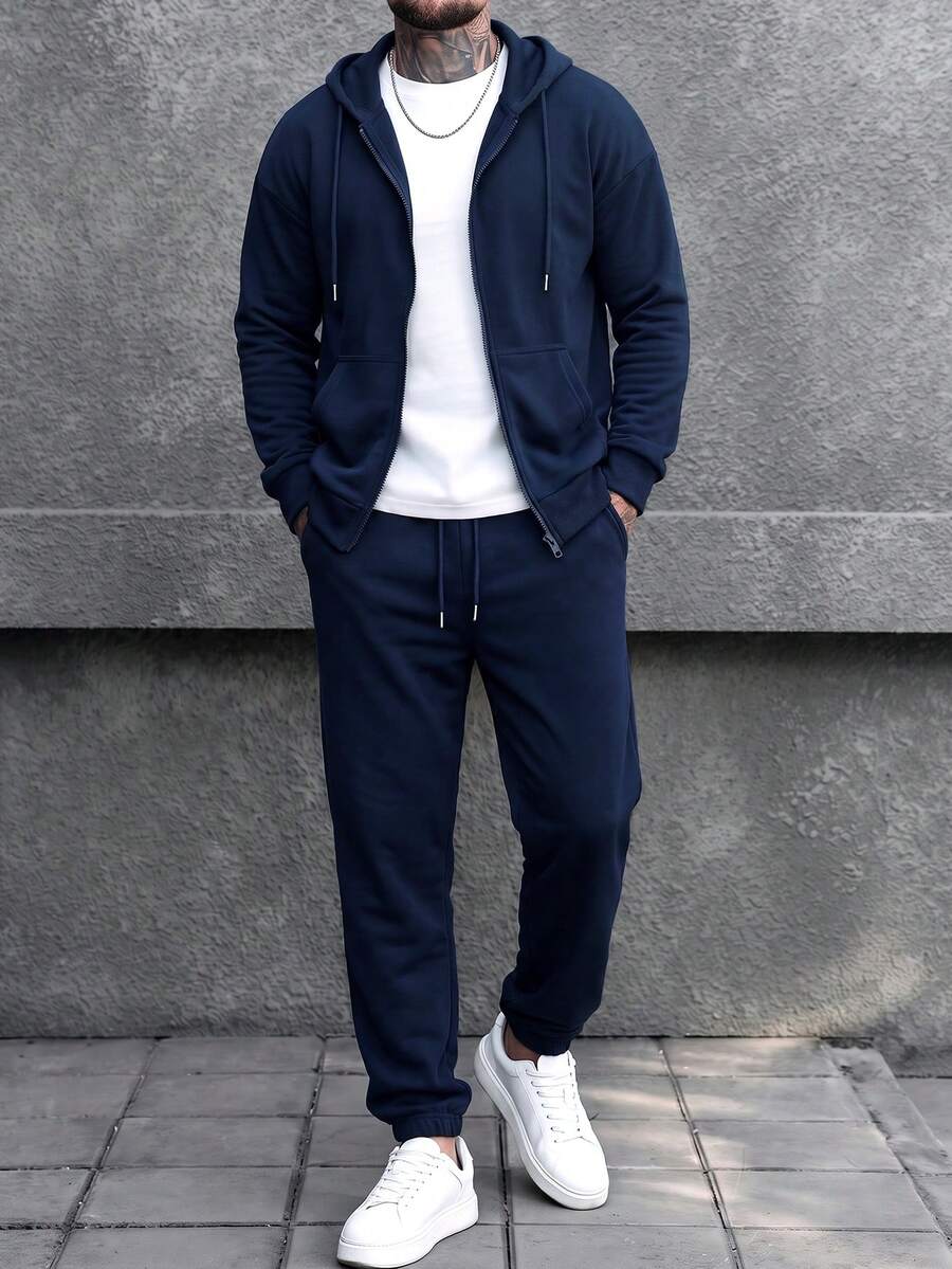 Navy Blue Full Zip Hooded Jogger Pants 2 Pieces Set Men's Solid Color Casual Sports Outfit - Navy Blue - View 1