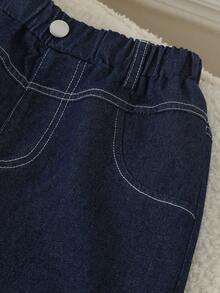 Tween Girl Blue Denim Jeans Fashion Casual Street Style Letter & Star Embroidered Loose Wide Leg Pants - Blue - View 5
