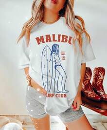 Malibu Beach ,  Malibu Surf Club,  California Graphic , California, Boho , Vintage Inspired, Unisex ,  Unisex -Summer Shirt - White - View 1