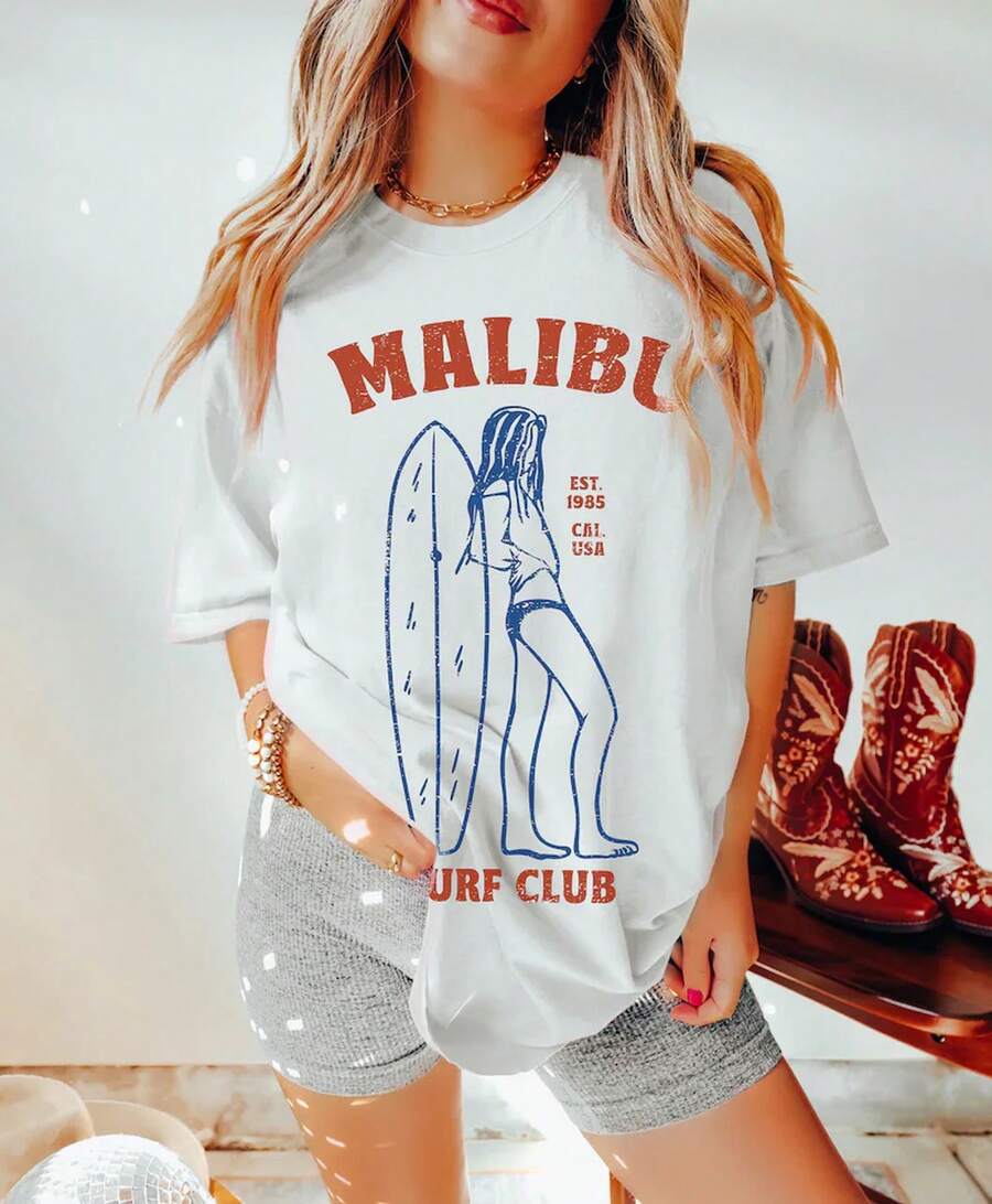 Malibu Beach , Malibu Surf Club, California Graphic , California, Boho , Vintage Inspired, Unisex , Unisex -Summer Shirt - White - View 1