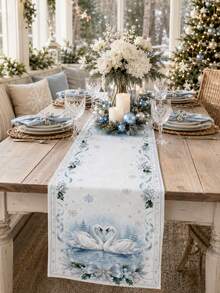 1pc Blue White Winter Swan Table Runner, Elegant Linen Rectangular Snowflake Holly Ribbon Lake Swan Printed Tablecloth Cover For Dining Table, Kitchen, Buffet, Christmas Dinner, Holiday Party And Winter Home Decor - Multicolor - View 9