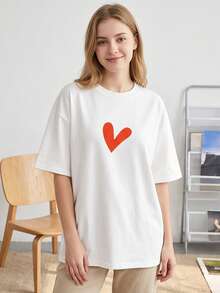 Women's White Summer T-Shirt With Round Neck And Simple Heart Graphic, Y2K Style, Versatile Casual Outfit For Spring And Summer - 白色 - 查看 1
