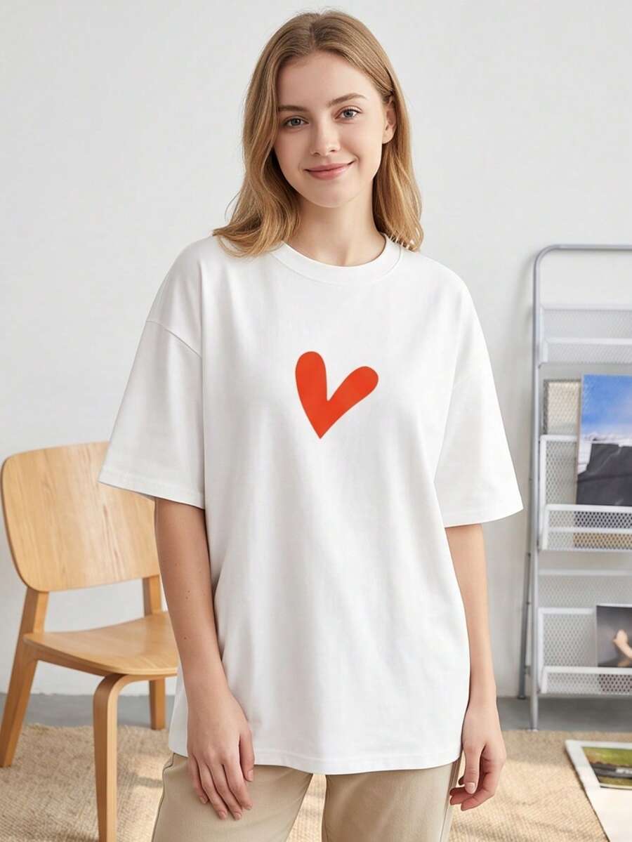 Women's White Summer T-Shirt With Round Neck And Simple Heart Graphic, Y2K Style, Versatile Casual Outfit For Spring And Summer - 白色 - 查看 1